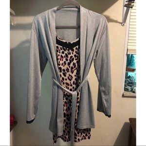 Silky Pink and Black Leopard Nightgown with Gray Robe